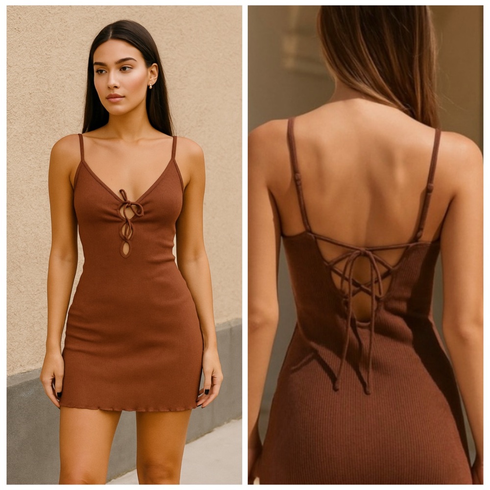 Bershka Brown Ribbed Tie Front Open Back Bodycon Mini Dress Large NWT
